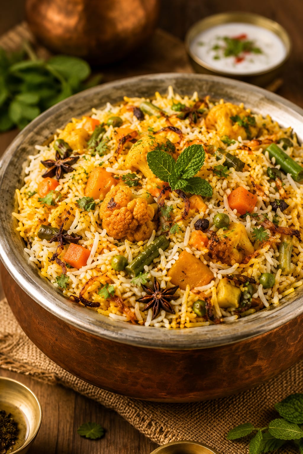 A steaming plate of dum biryani made with NAINI basmati rice